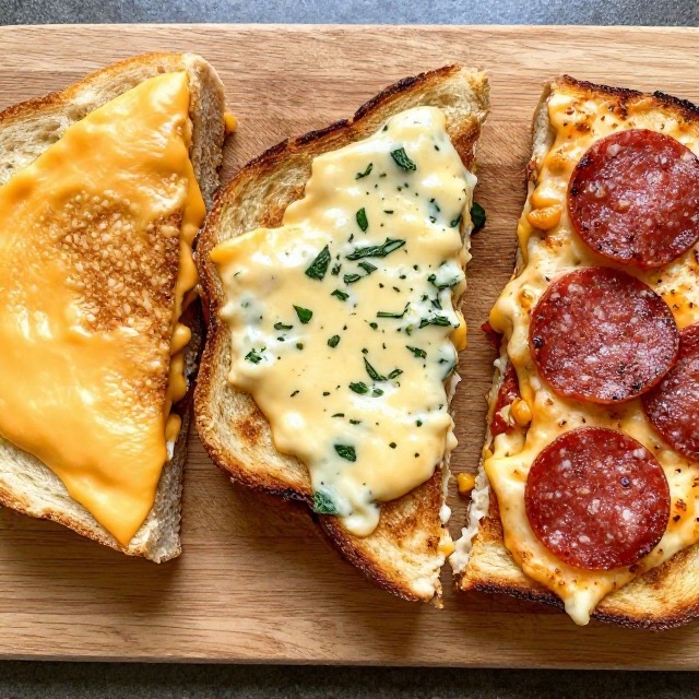 Overhead shot of three grilled cheese variations on a wooden board, one classic cut in half, one gourmet version with visible herbs, one pizza-style with pepperoni, no text, no labels, no packaging, no brand names, no background drinks or glasses of liquid