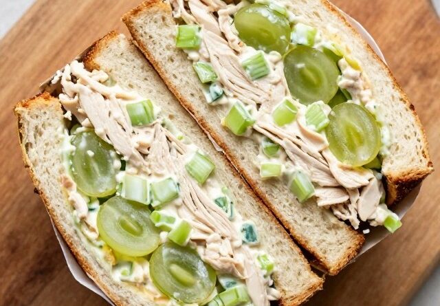 Chicken salad sandwich cut in half showing celery and grapes