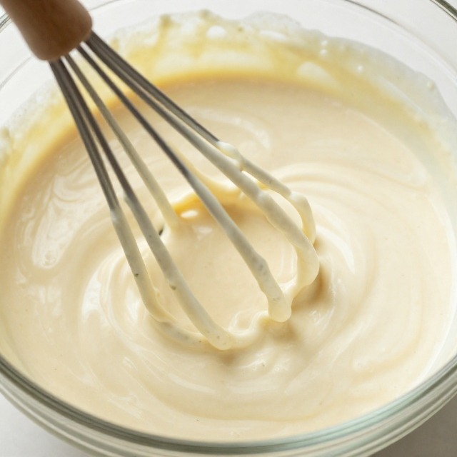 Chicken salad dressing being whisked in a glass bowl, smooth and creamy texture, no text, no labels, no background drinks or glasses of liquid