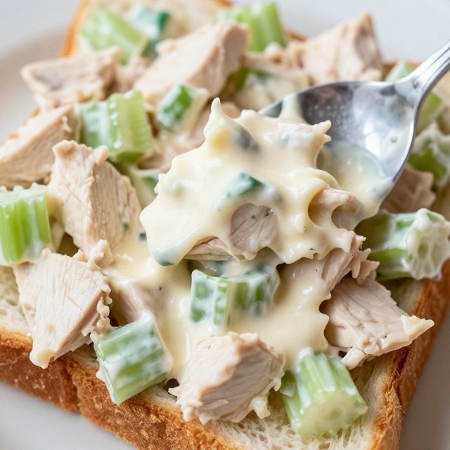 Chicken salad being spread onto a slice of bread for a sandwich, no text, no labels, no background drinks or glasses of liquid