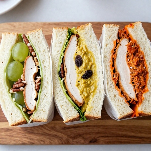 Overhead shot of three chicken salad sandwich variations on a wooden board, one classic with grapes and pecans, one curried with raisins, one buffalo-style, no text, no labels, no packaging, no brand names, no background drinks or glasses of liquid