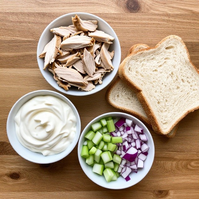 Flat lay of chicken salad sandwich ingredients in individual bowls on a light wooden surface, overhead angle, no text, no labels, no packaging, no brand names, no background drinks or glasses of liquid