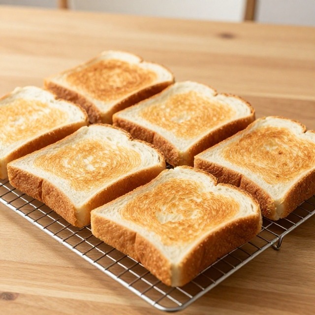 Six slices of golden toasted bread cooling on a wire rack