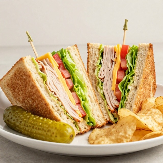 Finished club sandwich cut into four triangles and secured with toothpicks, served with a pickle spear and potato chips