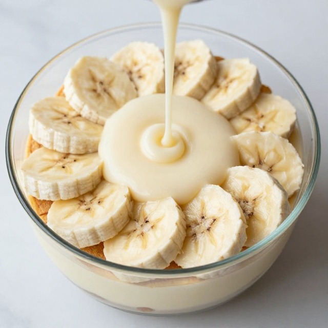 Sliced bananas layered over vanilla wafers in a trifle dish before the pudding mixture is added