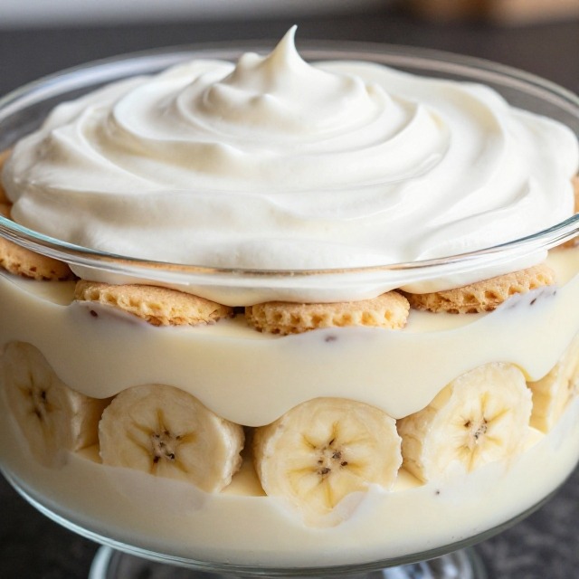 Finished banana pudding in a trifle dish showing layers of pudding, bananas, and wafer cookies, topped with whipped topping
