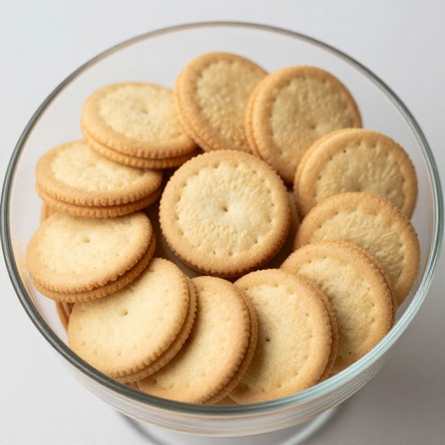 Vanilla wafer cookies layered in the bottom of a glass trifle dish
