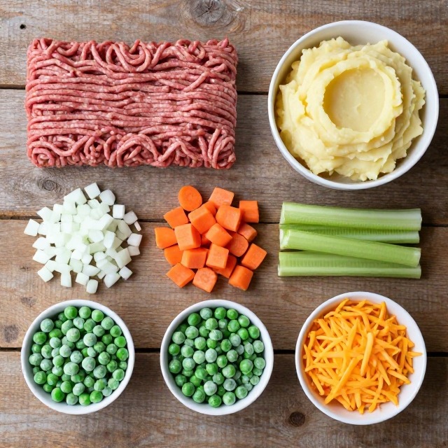 Flat lay of easy shepherd's pie recipe ingredients including ground beef, onion, carrot, celery, mashed potatoes, and frozen peas