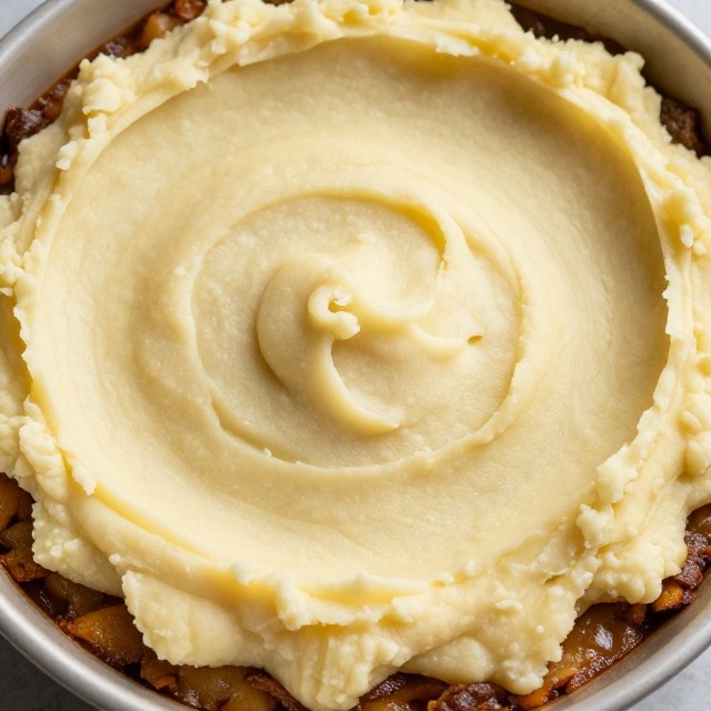 Thickened shepherd's pie filling topped with mashed potatoes before baking