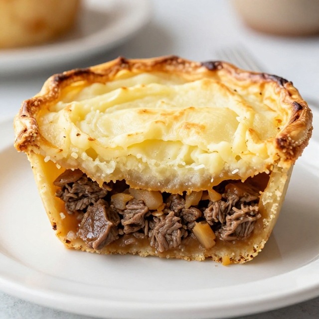 Thickened shepherd's pie filling topped with mashed potatoes before baking
