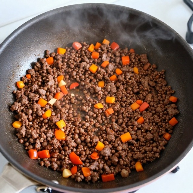 Ground beef and vegetables browning in a skillet for shepherd's pie filling