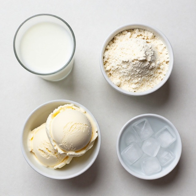 Flat lay of protein milkshake recipe ingredients including milk, protein powder, vanilla ice cream, and ice cubes
