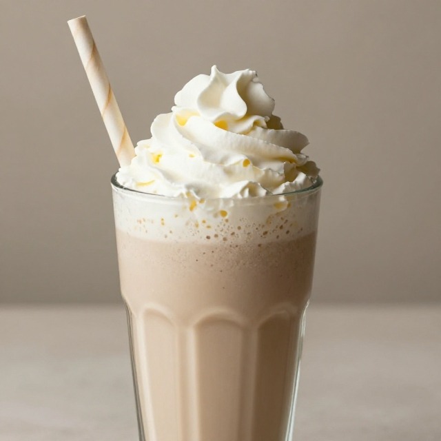  Finished protein milkshake in a tall glass topped with whipped cream
