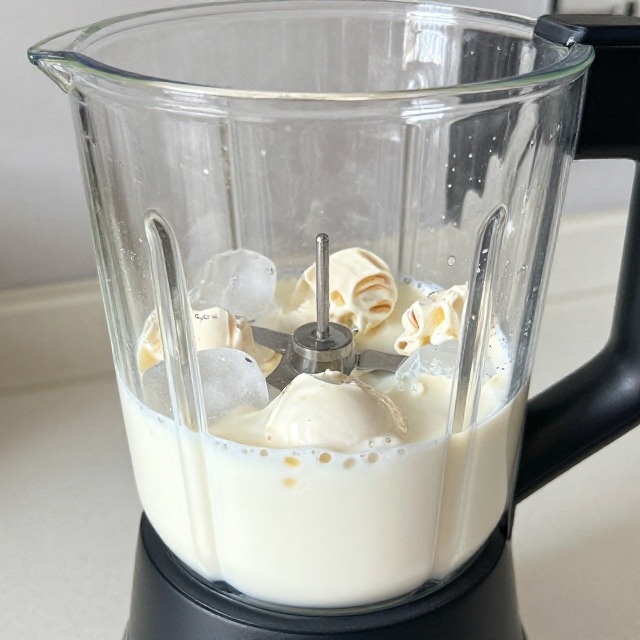  Protein milkshake ingredients blending together in a blender