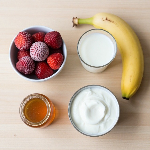 Flat lay of strawberry banana smoothie ingredients including frozen strawberries, banana, milk, and Greek yogurt
