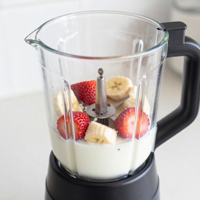 Strawberry banana smoothie ingredients blending together in a blender