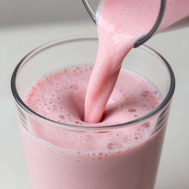 Thick strawberry banana smoothie being poured into a glass