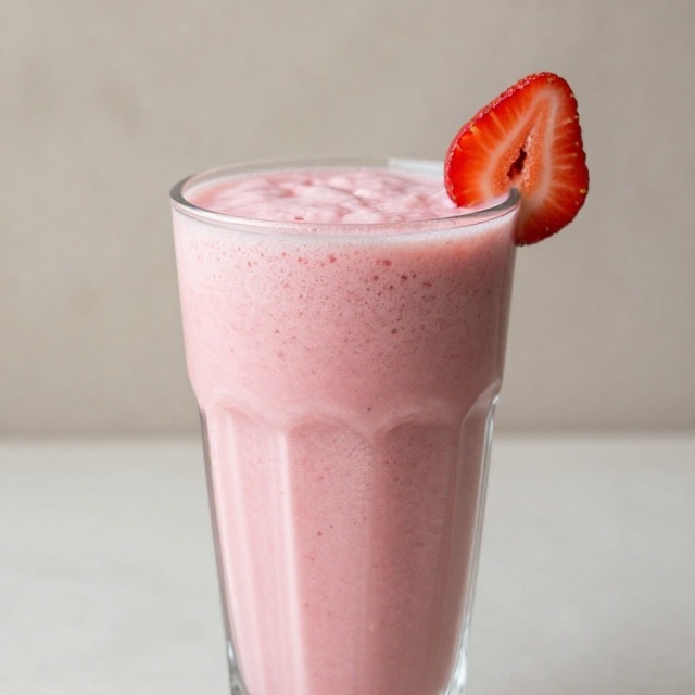 Finished strawberry banana smoothie recipe in a glass garnished with fresh strawberry slices