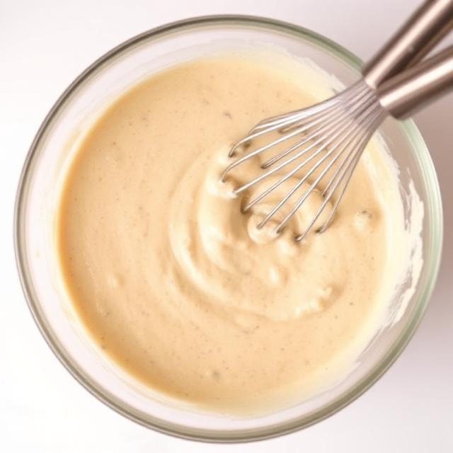 Hotcake batter with visible small lumps in a mixing bowl