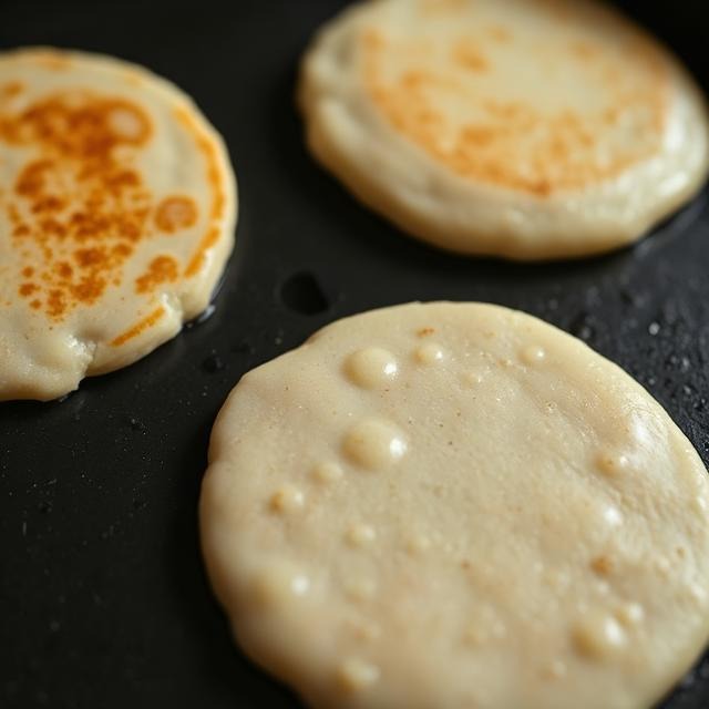 Hotcakes cooking on a griddle with bubbles forming on top