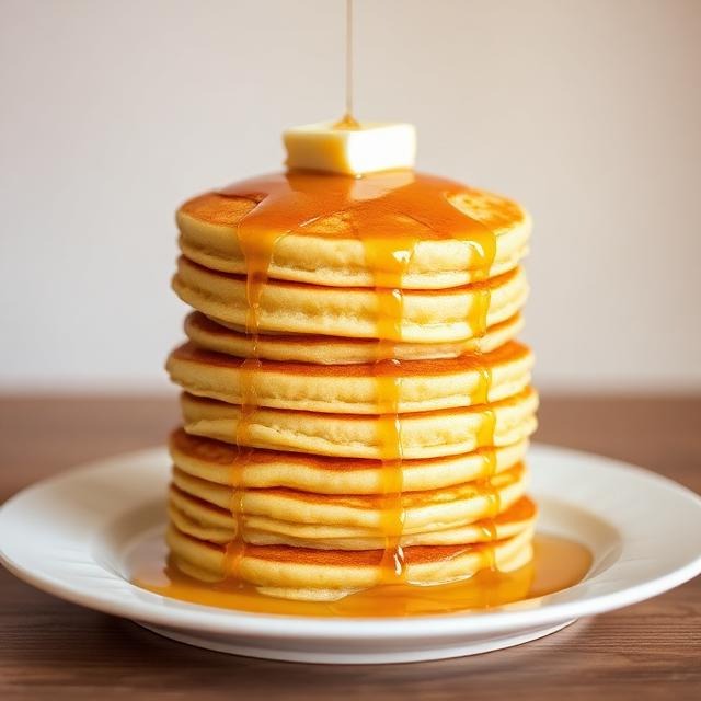 Stack of golden hotcakes topped with butter and syrup