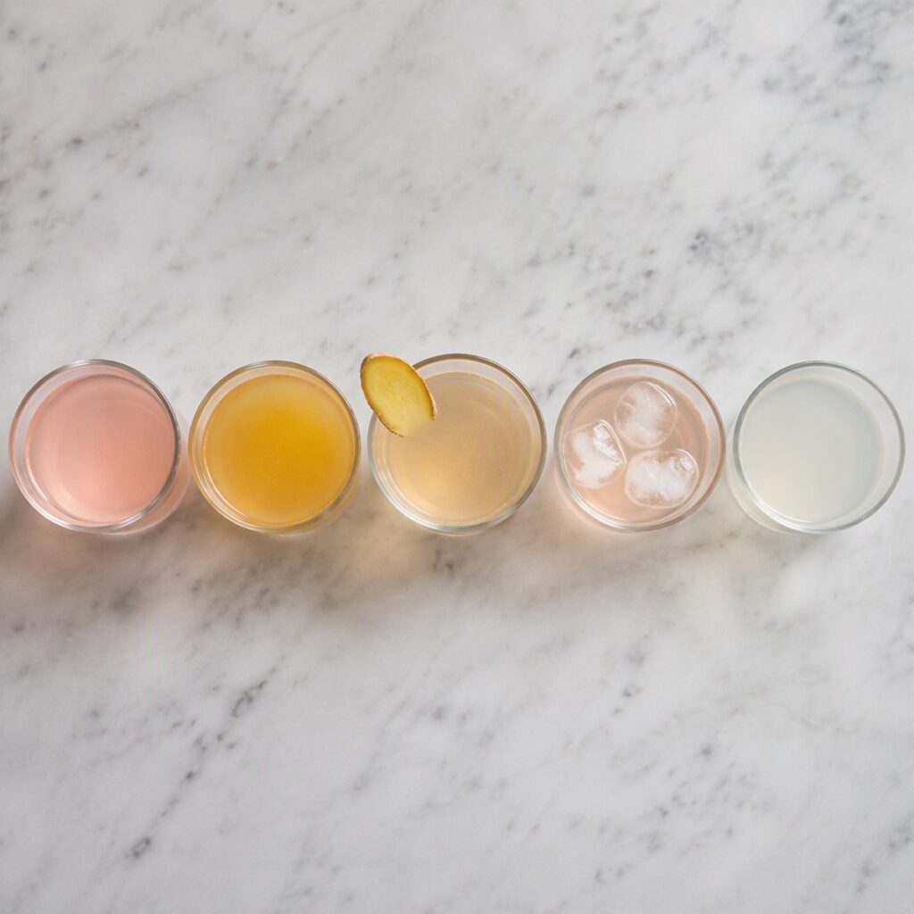 Pink salt trick variations side by side: classic, ACV, ginger, Japanese, and sole water versions
