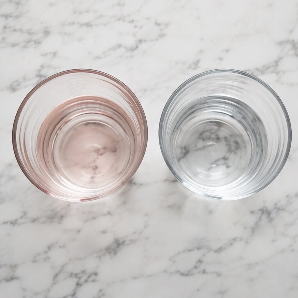 Finished pink salt trick drink next to a glass of water