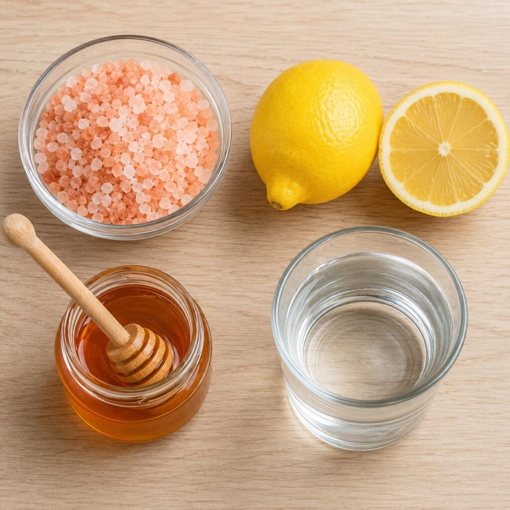  Ingredients for pink salt recipe laid out: pink Himalayan salt, lemon, honey, glass of water