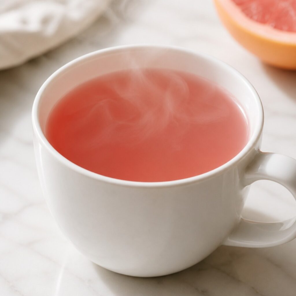 Pink gelatin recipe served as a warm drink in a mug
