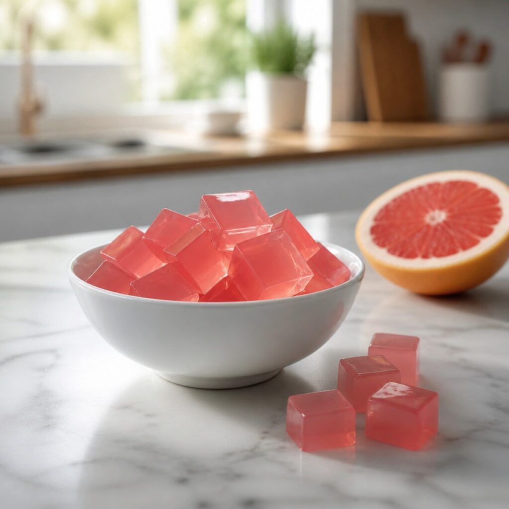 Finished pink gelatin weight loss snack on a kitchen counter