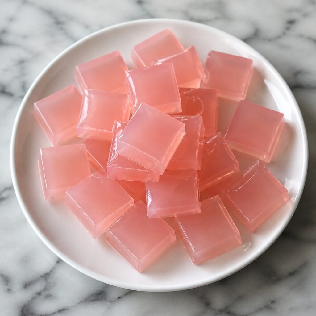  Pink gelatin recipe cut into cubes on a plate