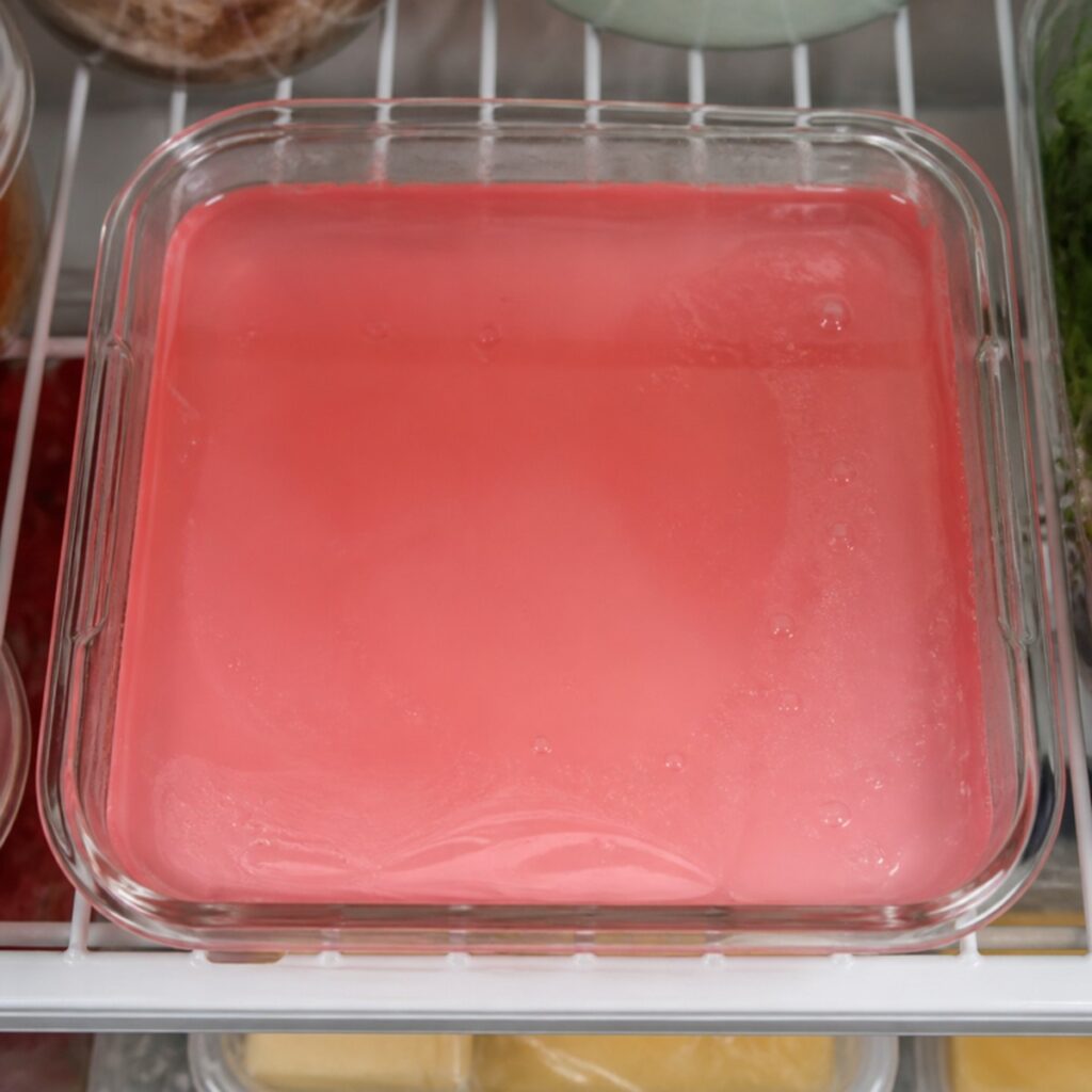 Pink gelatin mixture setting in a pan in the refrigerator