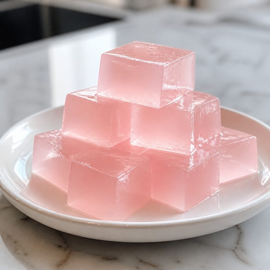 Pink gelatin cubes stacked on a white plate