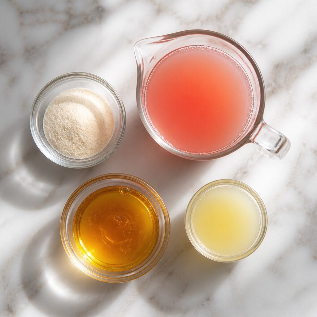 Ingredients for pink gelatin recipe including grapefruit juice and gelatin