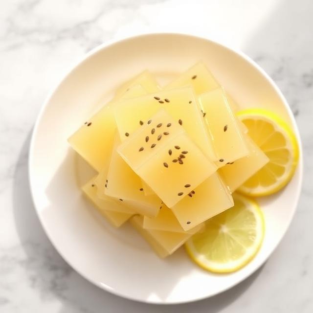chia gelatin weight loss recipe cut into cubes with visible chia seeds