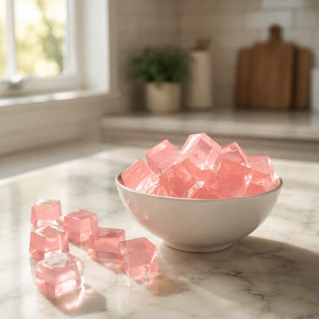 homemade pink gelatin recipe served on a kitchen counter
