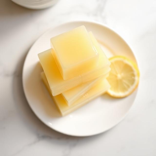 lemon gelatin weight loss recipe cut into cubes with lemon slices
