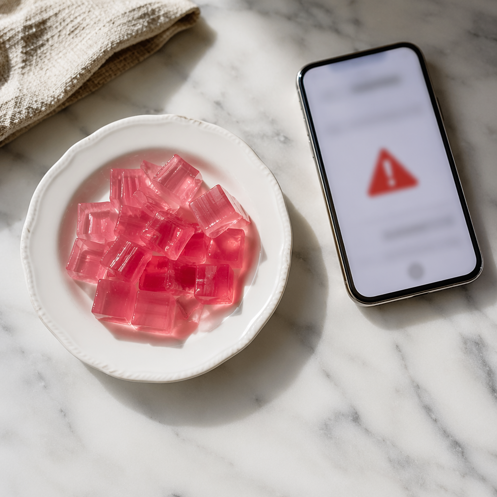 finished pink gelatin recipe next to a phone showing a scam ad warning