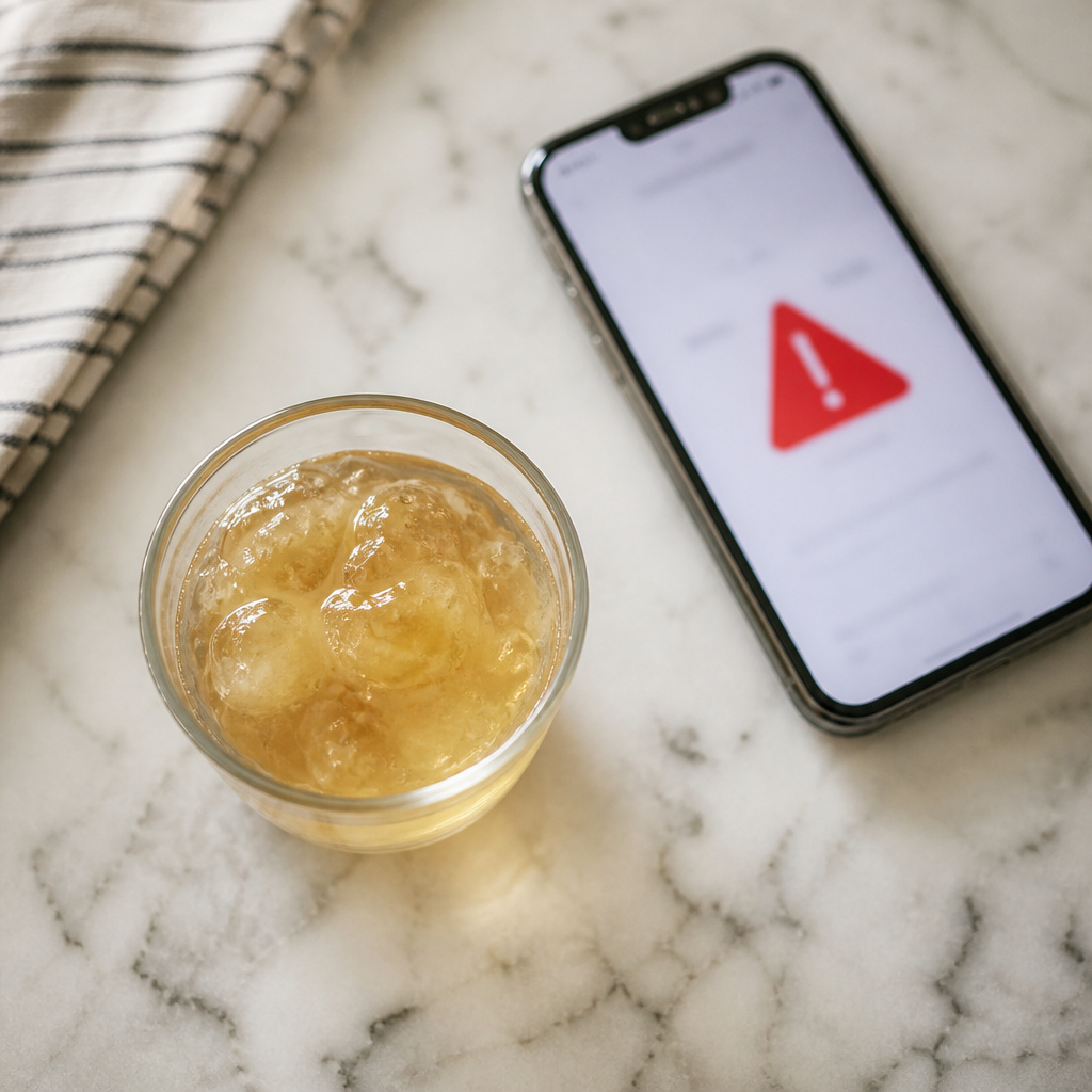 finished gelatin trick recipe next to a phone showing a scam warning