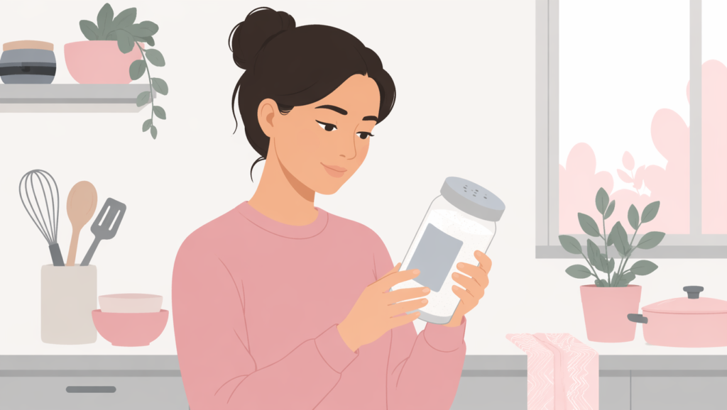 person checking sodium intake label, illustrative safety graphic for pink salt trick