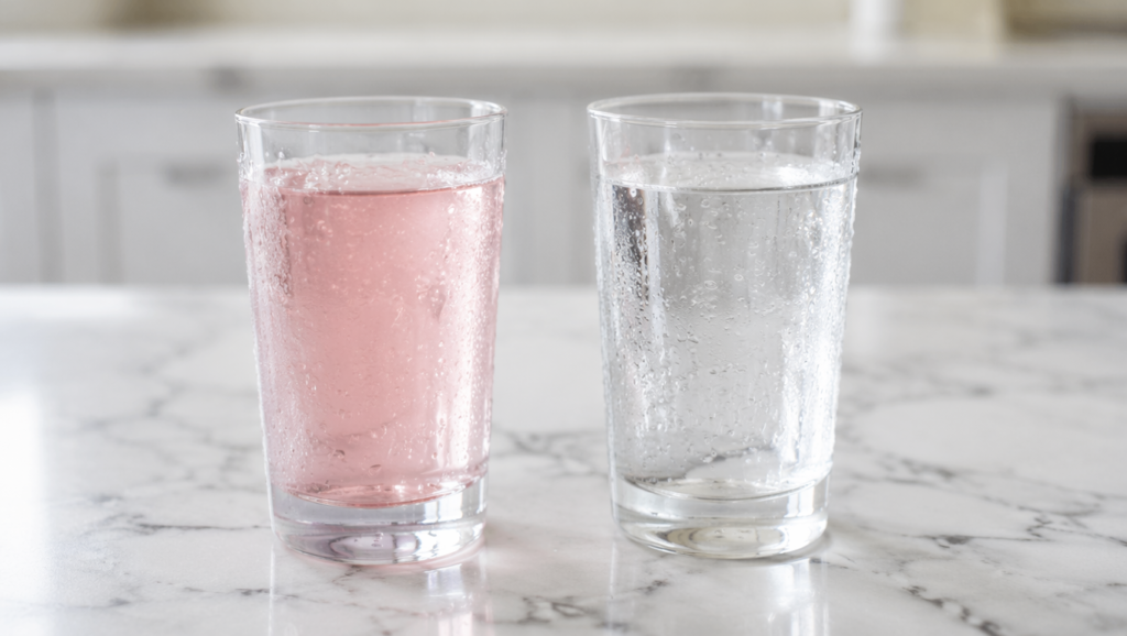 finished pink salt trick drink next to a glass of water