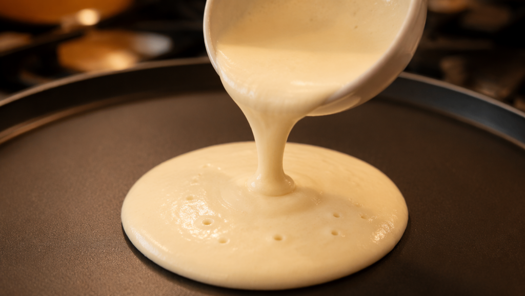 Cottage cheese pancake batter being poured onto a griddle