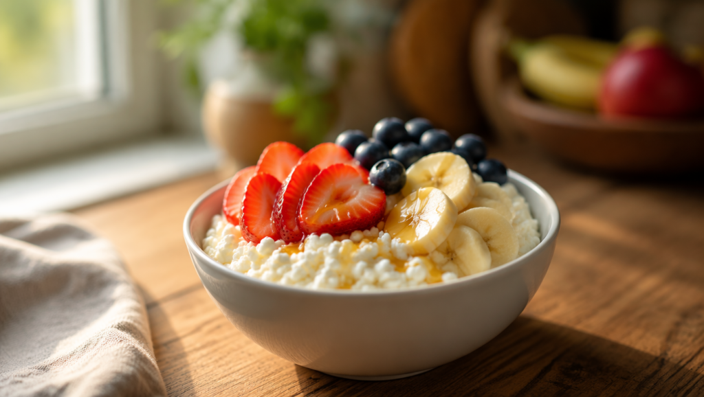 Finished bowl of cottage cheese with fruit and honey