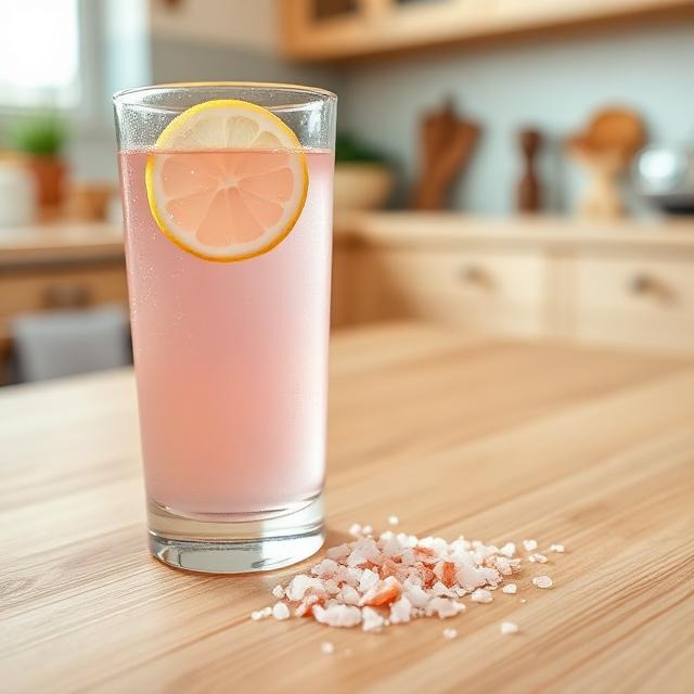 glass of pink salt trick weight loss drink with lemon slice on wooden table
