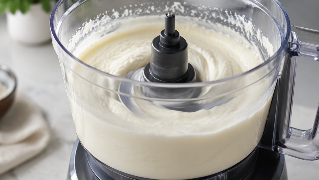 Blending cottage cheese in a food processor until smooth