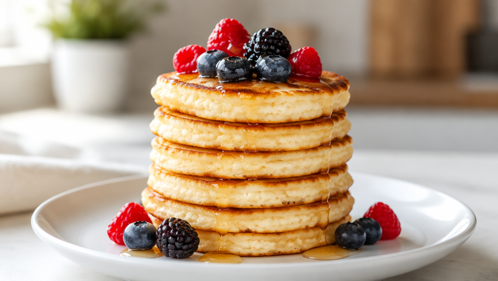 Stack of cottage cheese pancakes with berries on a plate