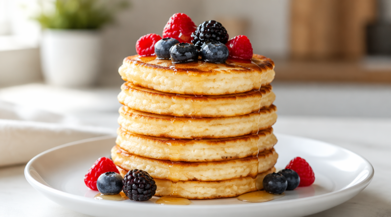 Stack of cottage cheese pancakes with berries on a plate