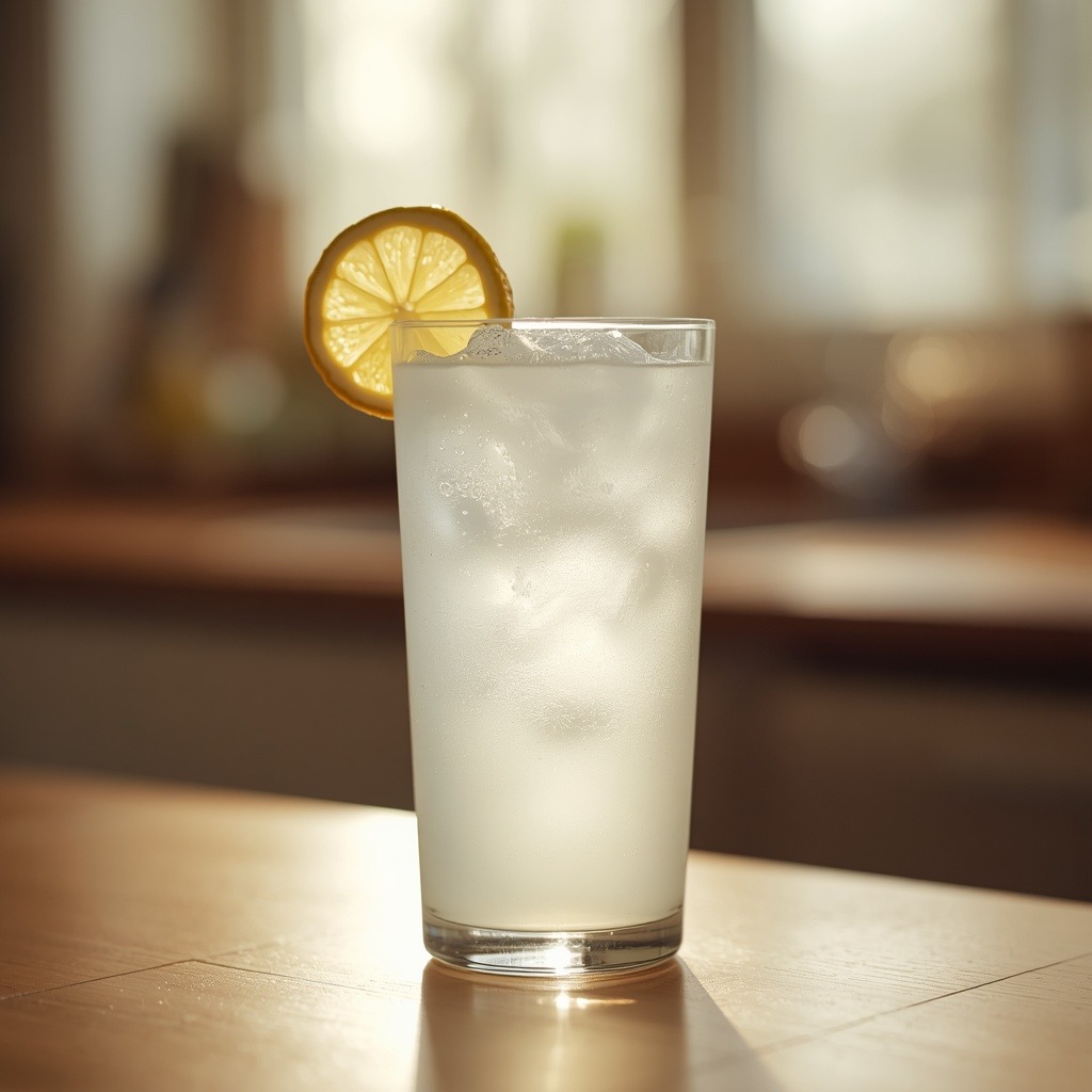 Finished baking soda drink served in a glass in soft morning light
