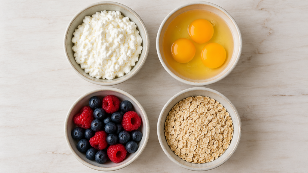 Flat lay of cottage cheese, eggs, berries, and oats in separate bowls