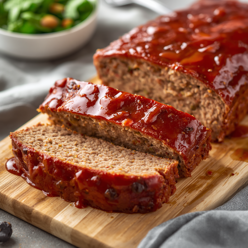 Sliced meatloaf on a cutting board with glaze visible
